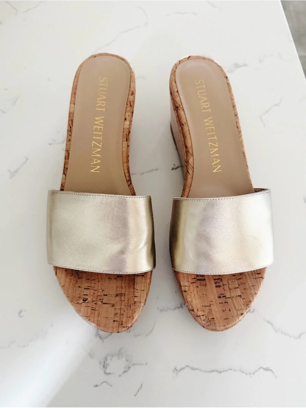 Stuart Weitzman Metallic Gold Leather Cork Wedge Slides